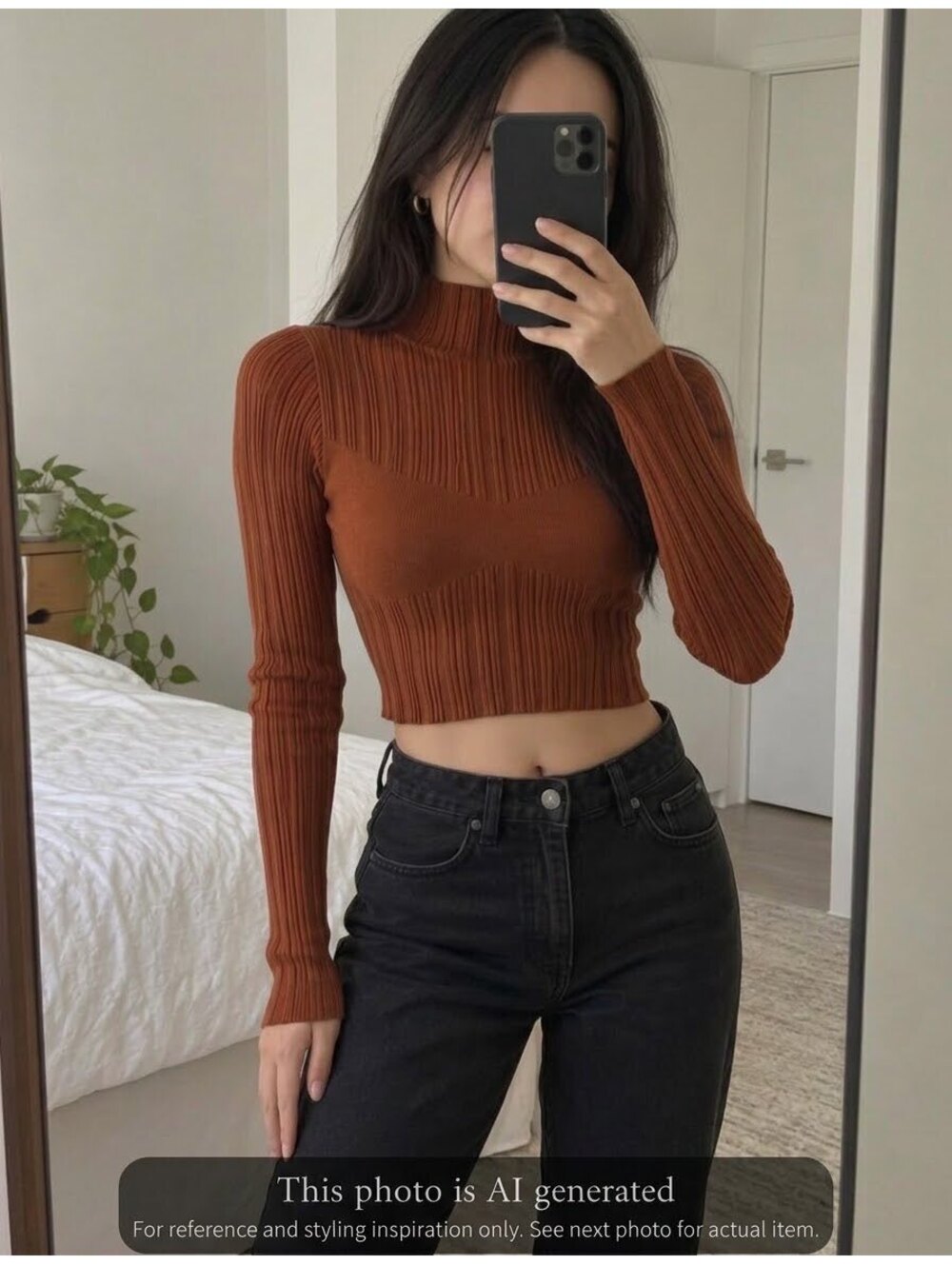 ZARA Ribbed Knit Brown Cropped Turtleneck Sweater Size M